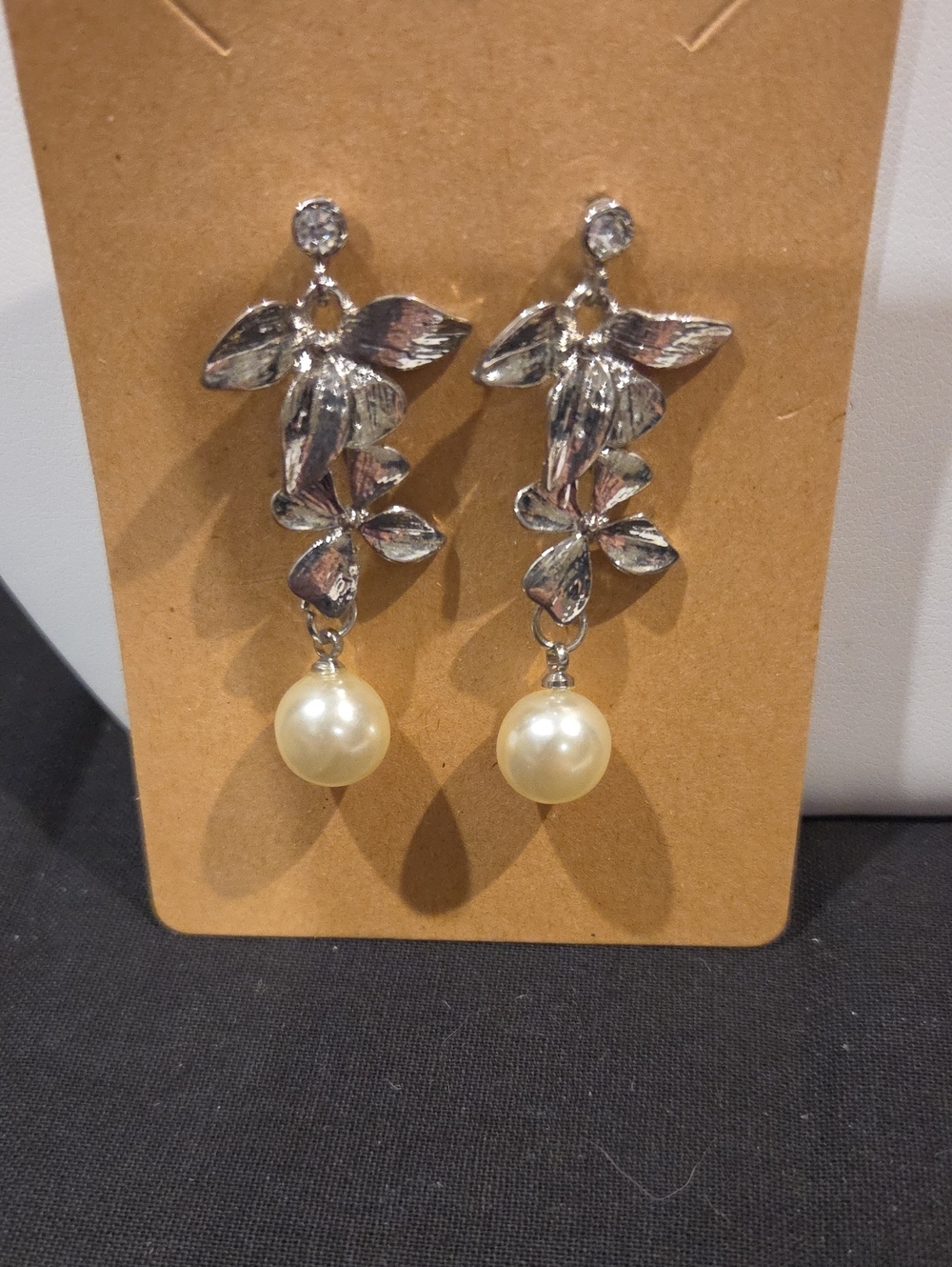 SILVER-TONE FLORAL AND FAUX PEARL EARRINGS WITH RHINESTONES